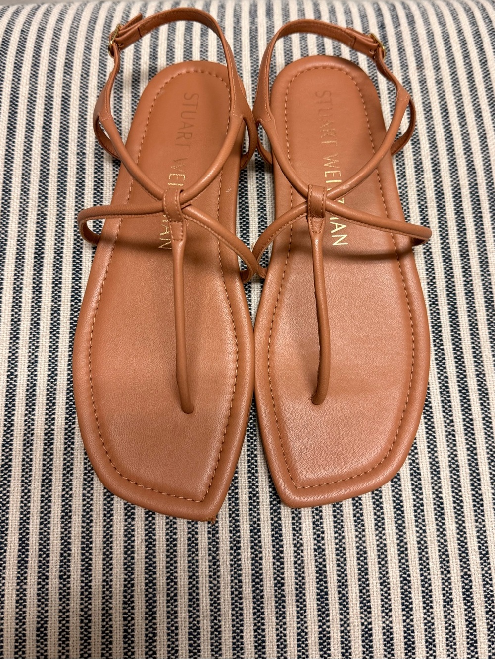 Stuart Weitzman Tan Leather T-Strap Sandals